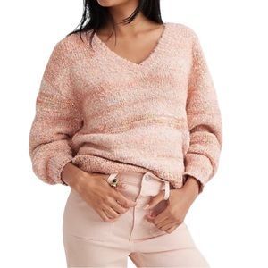 J. Crew Space Dyed V Neck Sweater Puff Sleeve Peach Rainbow Medium NWT